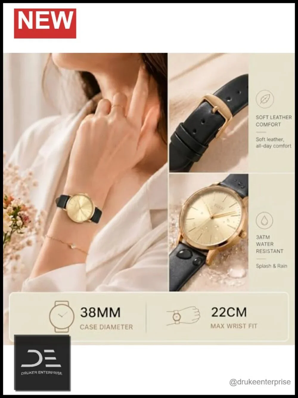 Women's Minimalist Analog Leather Quartz Wrist Watch 38mm